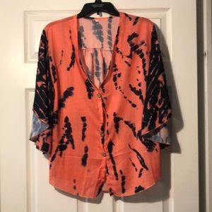 Size XL Orange& Blue Blouse w/Bell Sleeves